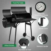 Barrel Grills Charcoal with Wheels and Front Table, Charcoal Grill with Smoker, Built-In Thermometer, 430 Square Inches, Offset Smoker Grill for Outdoor Backyard, Patio, Camping and Parties, Black