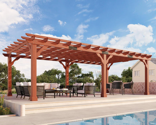 Cedar Wood Pergola Built for Outdoor Living, 12x24 Trellis Roof, 100 MPH Wind Resistance, 288 Sq Ft Coverage
