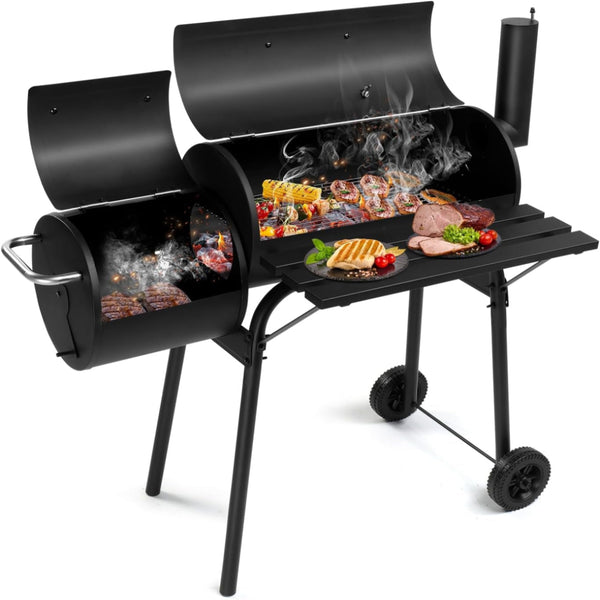Barrel Grills Charcoal with Wheels and Front Table, Charcoal Grill with Smoker, Built-In Thermometer, 430 Square Inches, Offset Smoker Grill for Outdoor Backyard, Patio, Camping and Parties, Black